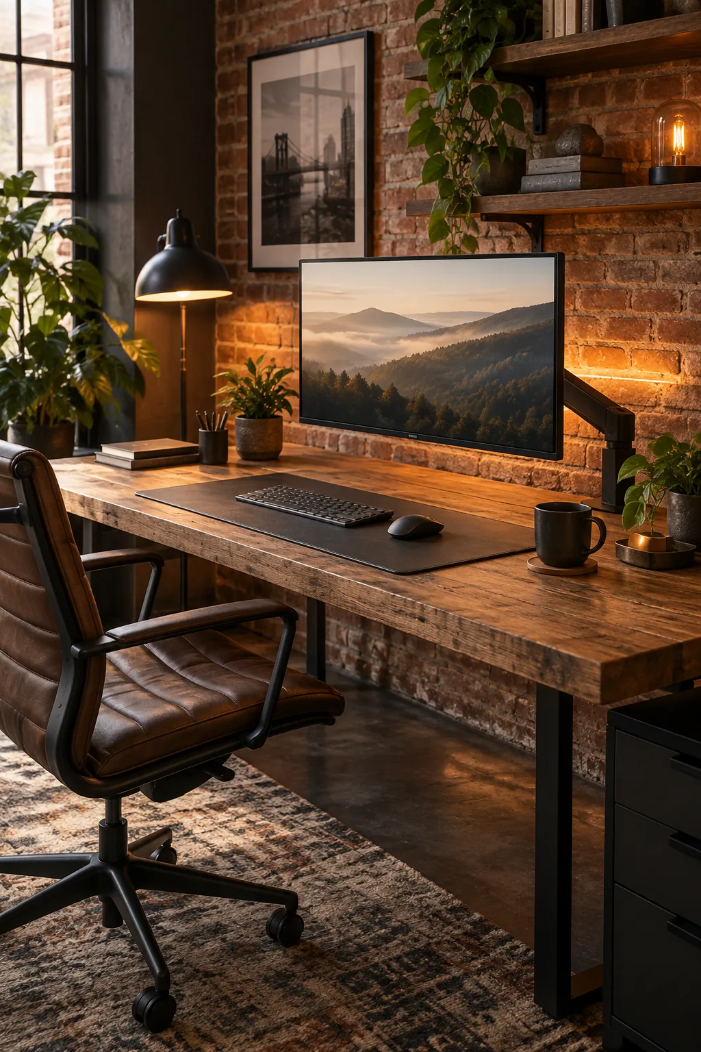 An industrial desk setup with reclaimed oak, a charcoal leather pad, and exposed brick.