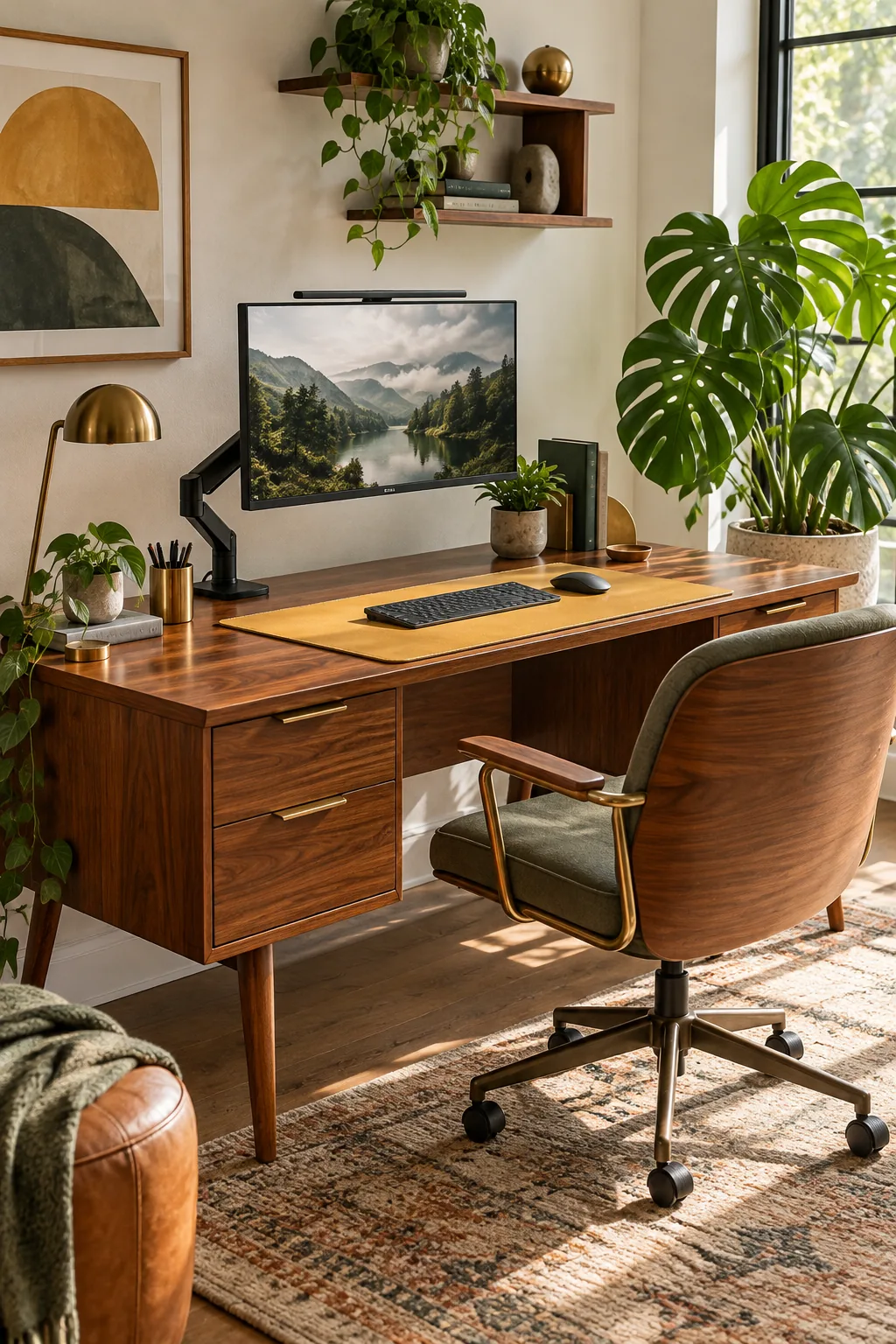 A mid-century modern desk setup with teak wood, a mustard yellow pad, and brass accents.