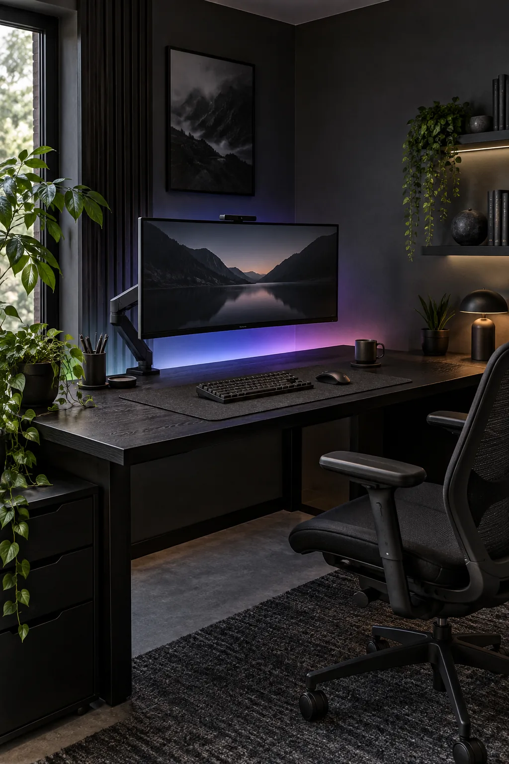 A monochromatic black desk setup with a black stained ash desk and a black wool pad.