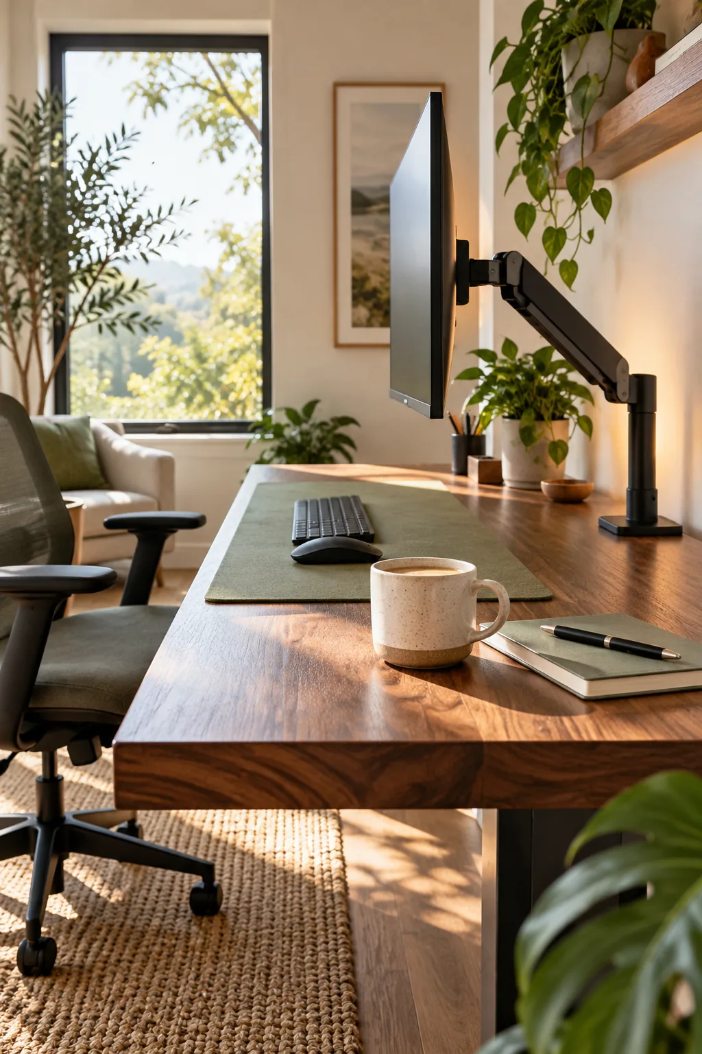 A side profile view of a desk showing the distance from the front edge to the floating monitor.