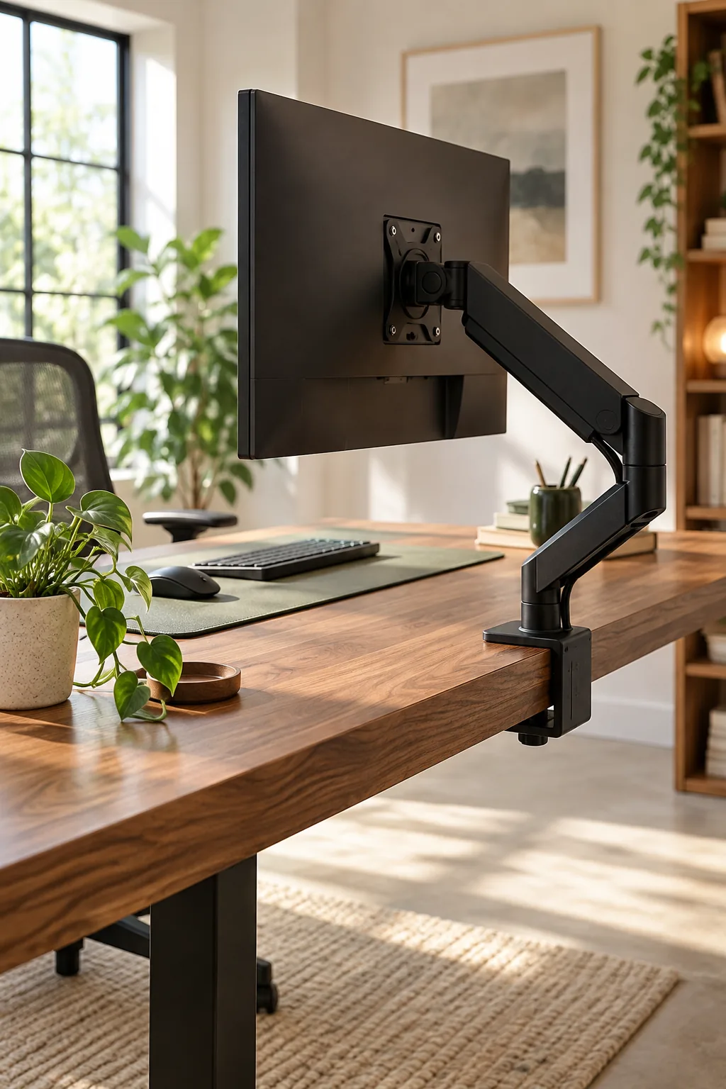 A close-up of a matte black articulating monitor arm clamped to the back of a wooden desk.
