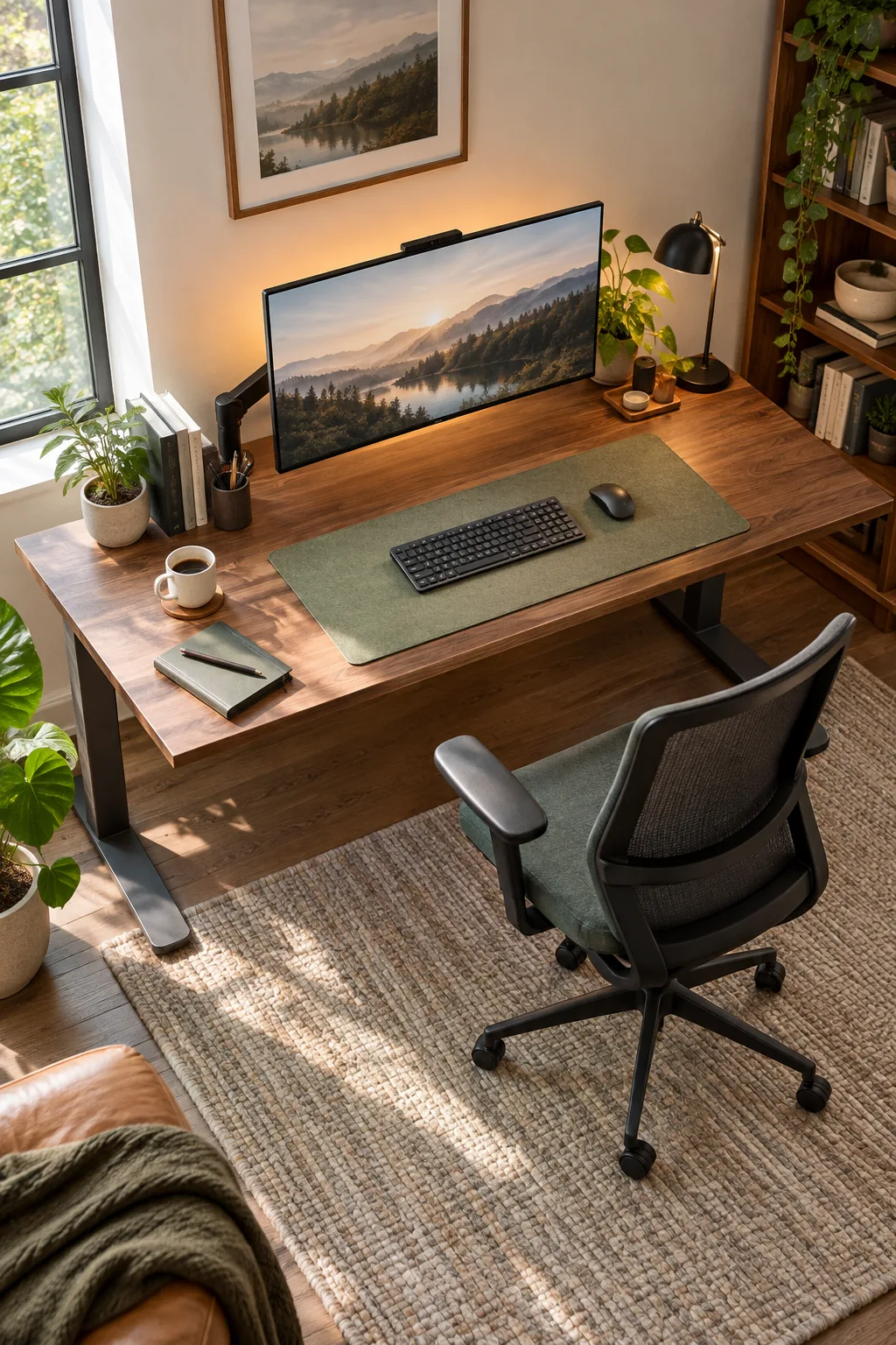 A low-angle view showing a black power strip mounted upside down under the back edge of a desk.