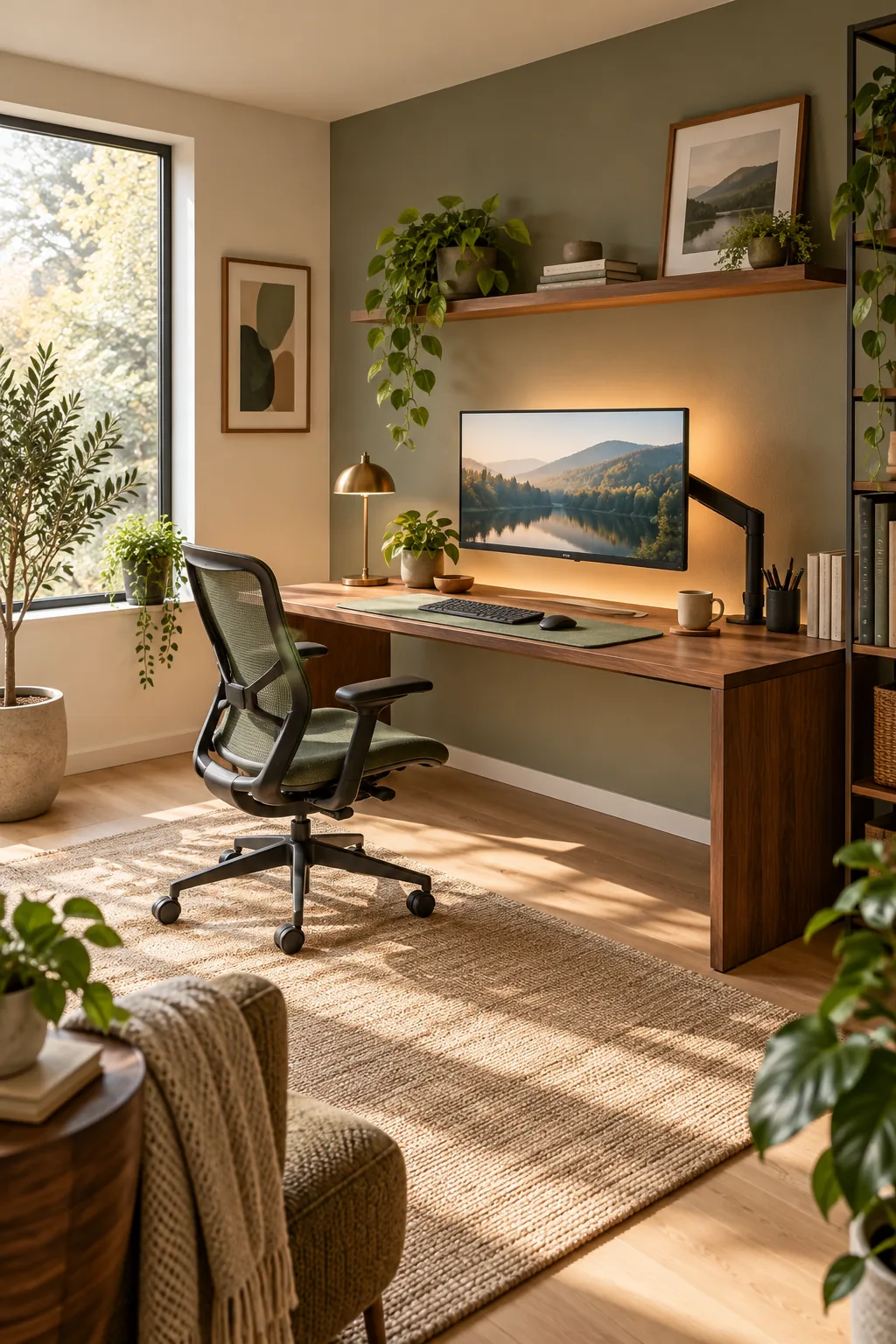 A wide view of a clean, ergonomic desk setup with a perfectly positioned monitor, green desk pad, and ergonomic chair.