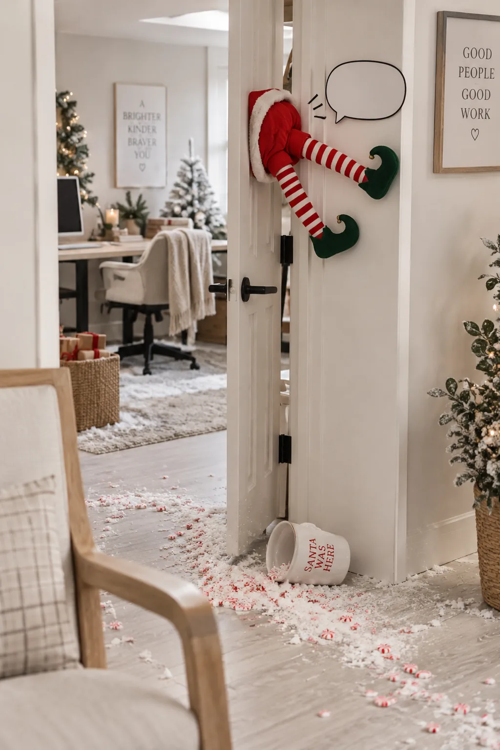 Office door decorated with half an elf sticking out of the frame.