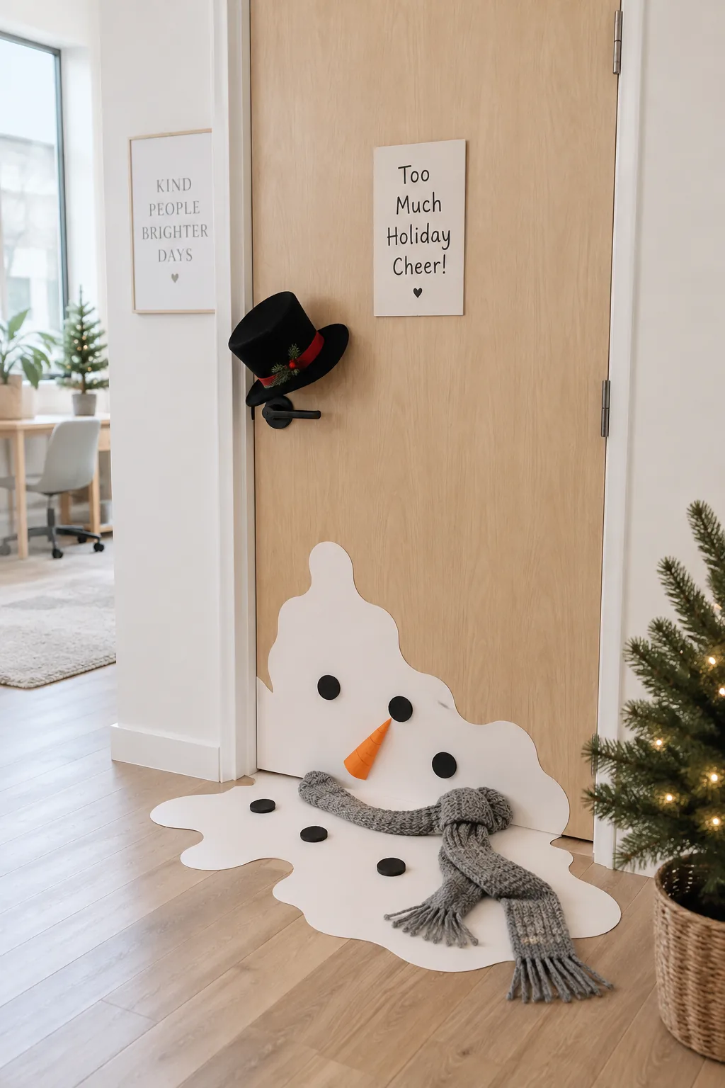 Office door with a white paper puddle, carrot nose, and coal eyes on the floor.
