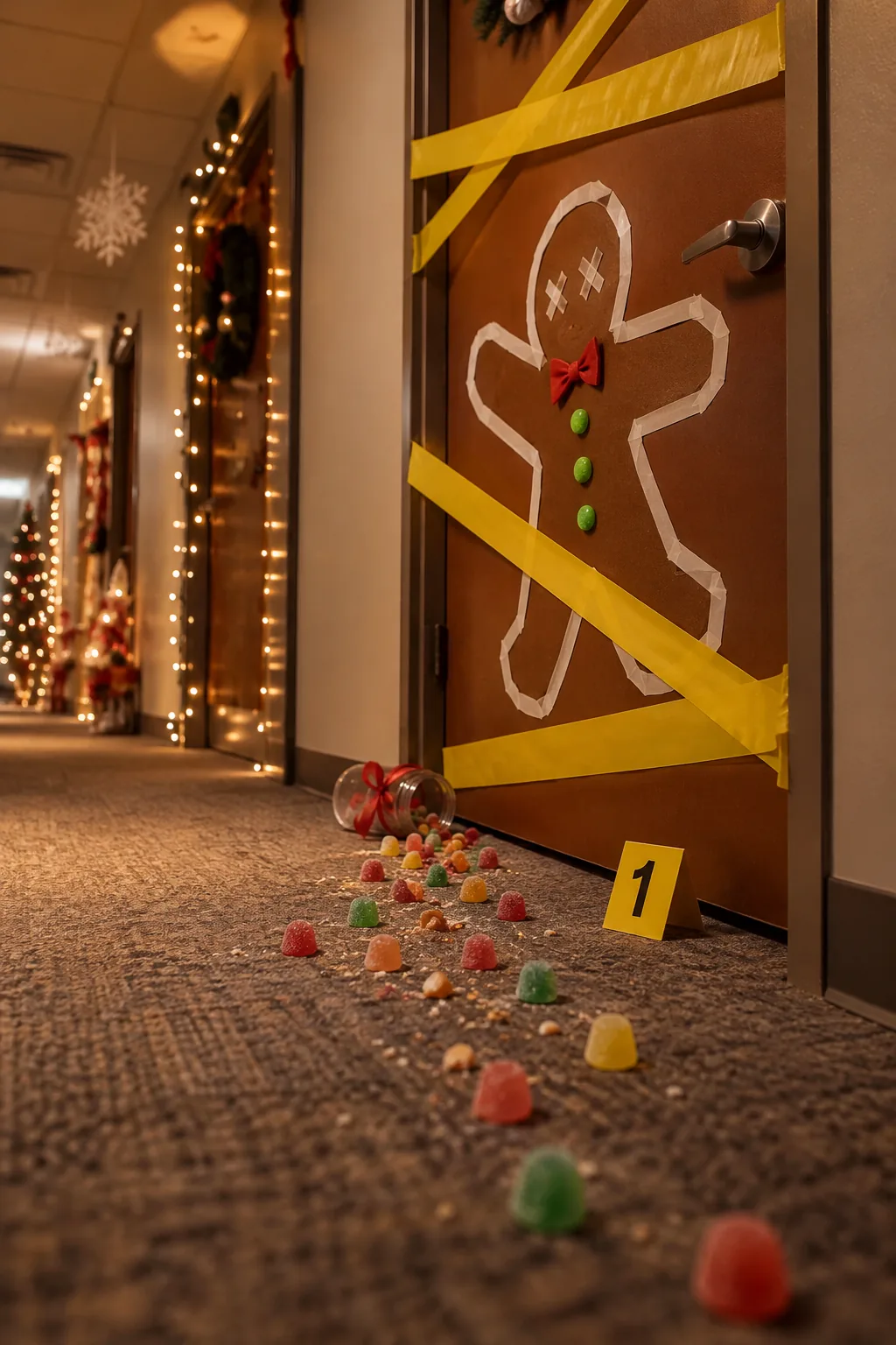 Chalk outline of a gingerbread man on an office door with yellow caution tape.