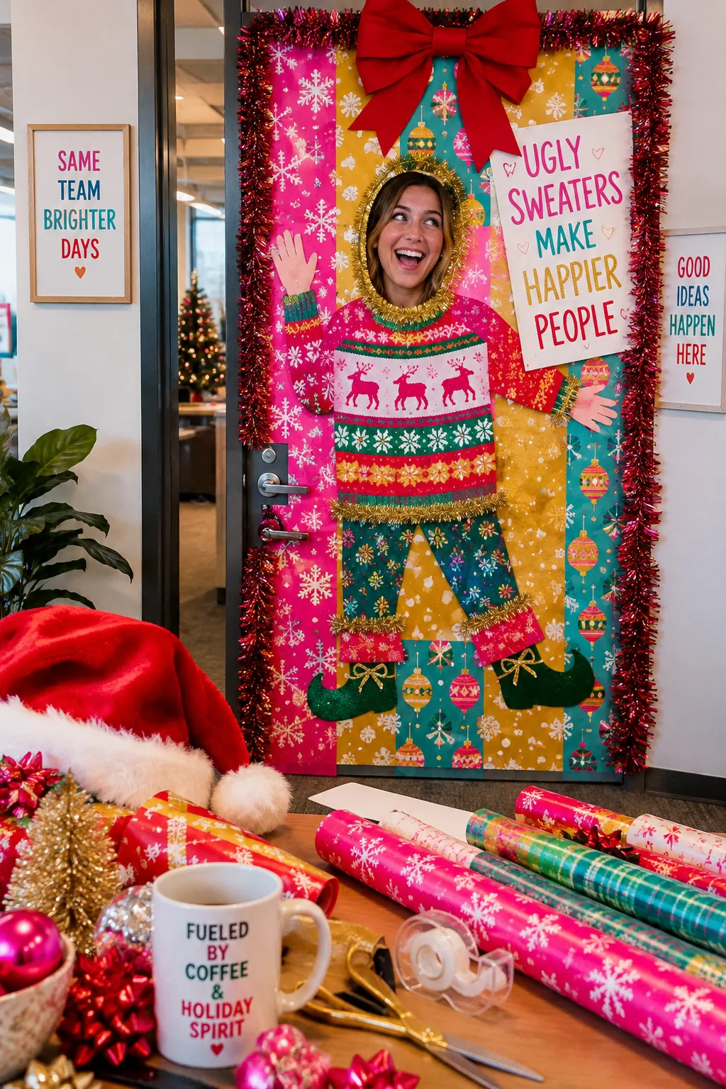 Office door wrapped in tacky Christmas paper with a face hole cut out.