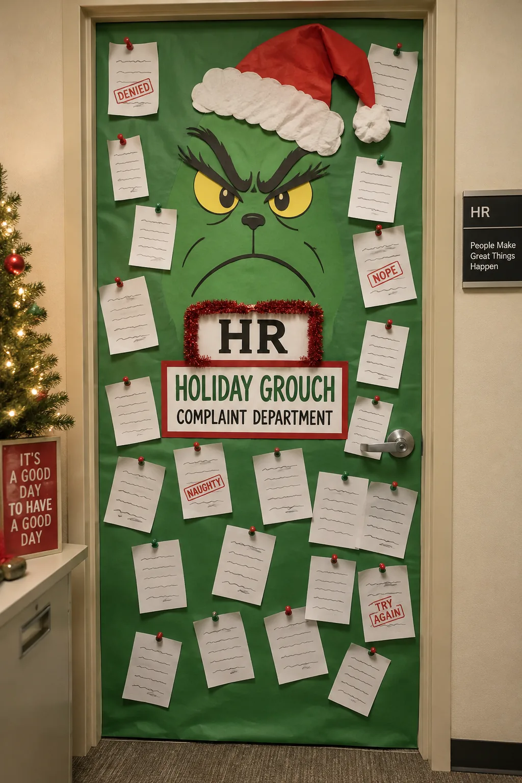 Green office door covered in funny Grinch HR memos banning holiday cheer.
