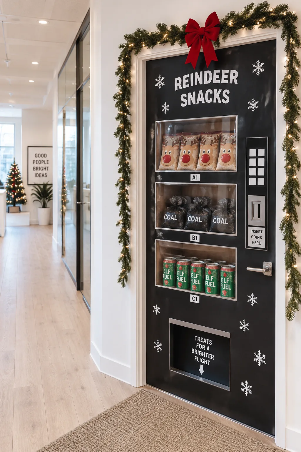 Office door transformed into a black vending machine filled with funny Christmas snacks.