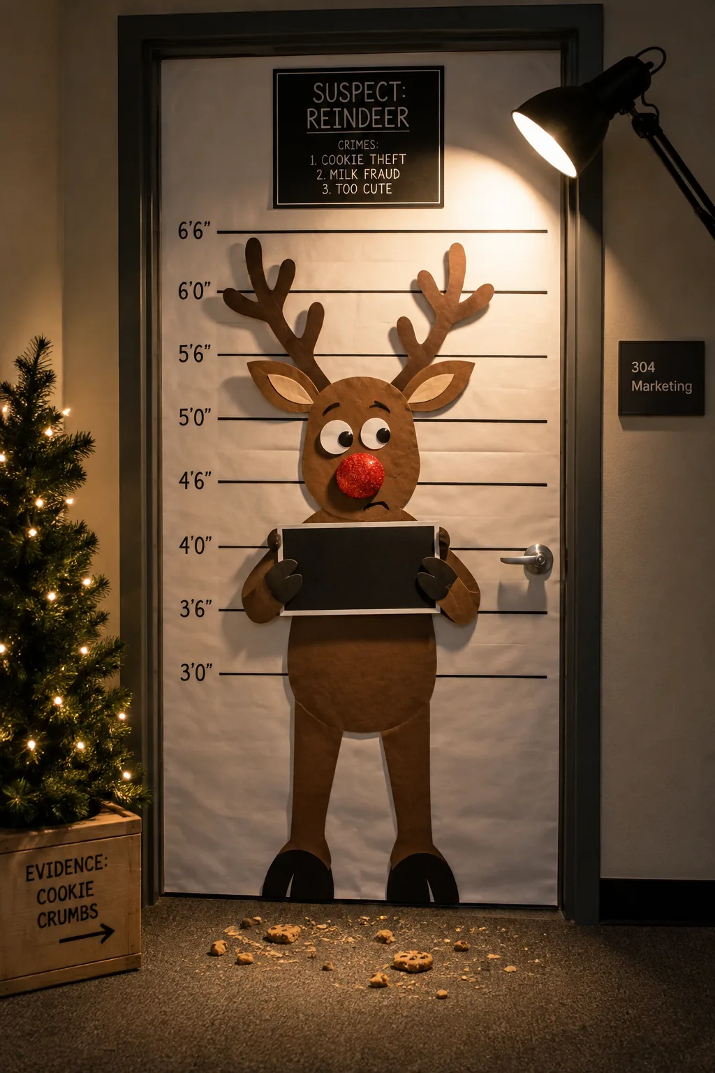Office door featuring a reindeer cutout holding a mugshot sign against a height chart.
