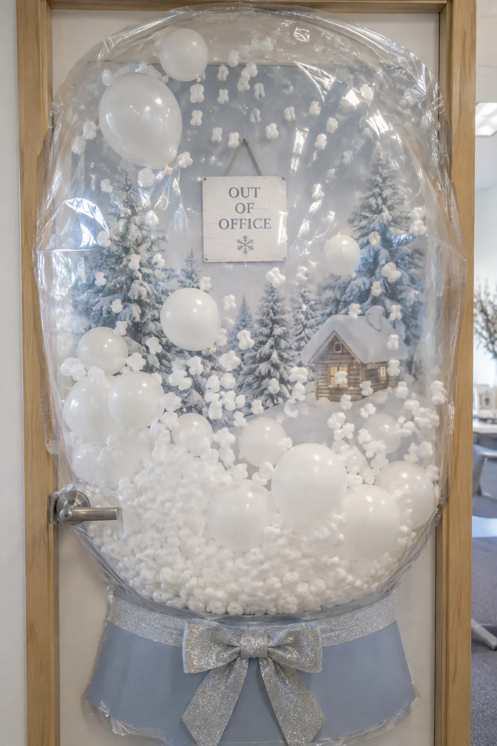 Office door covered in clear plastic filled with white balloons to look like a snow globe.
