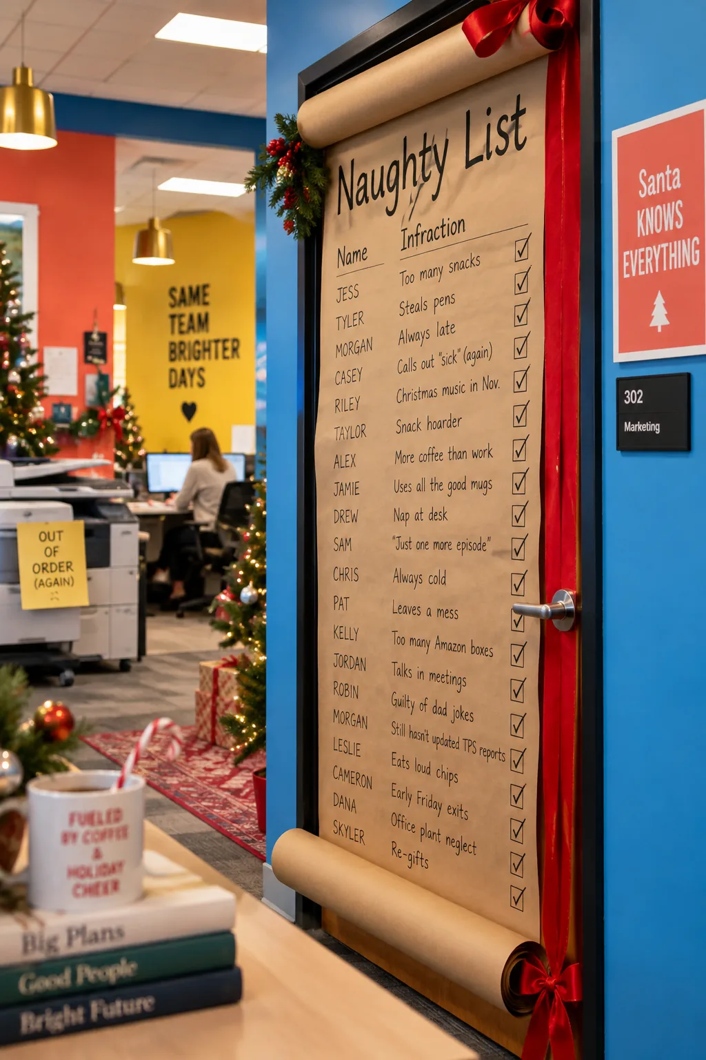Office door covered in brown paper listing funny workplace infractions for coworkers.
