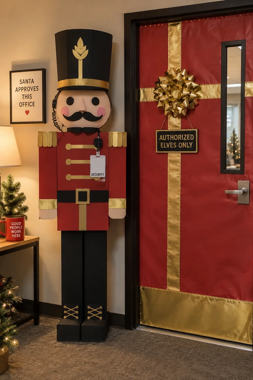 Office door decorated as a geometric nutcracker wearing a corporate security badge.
