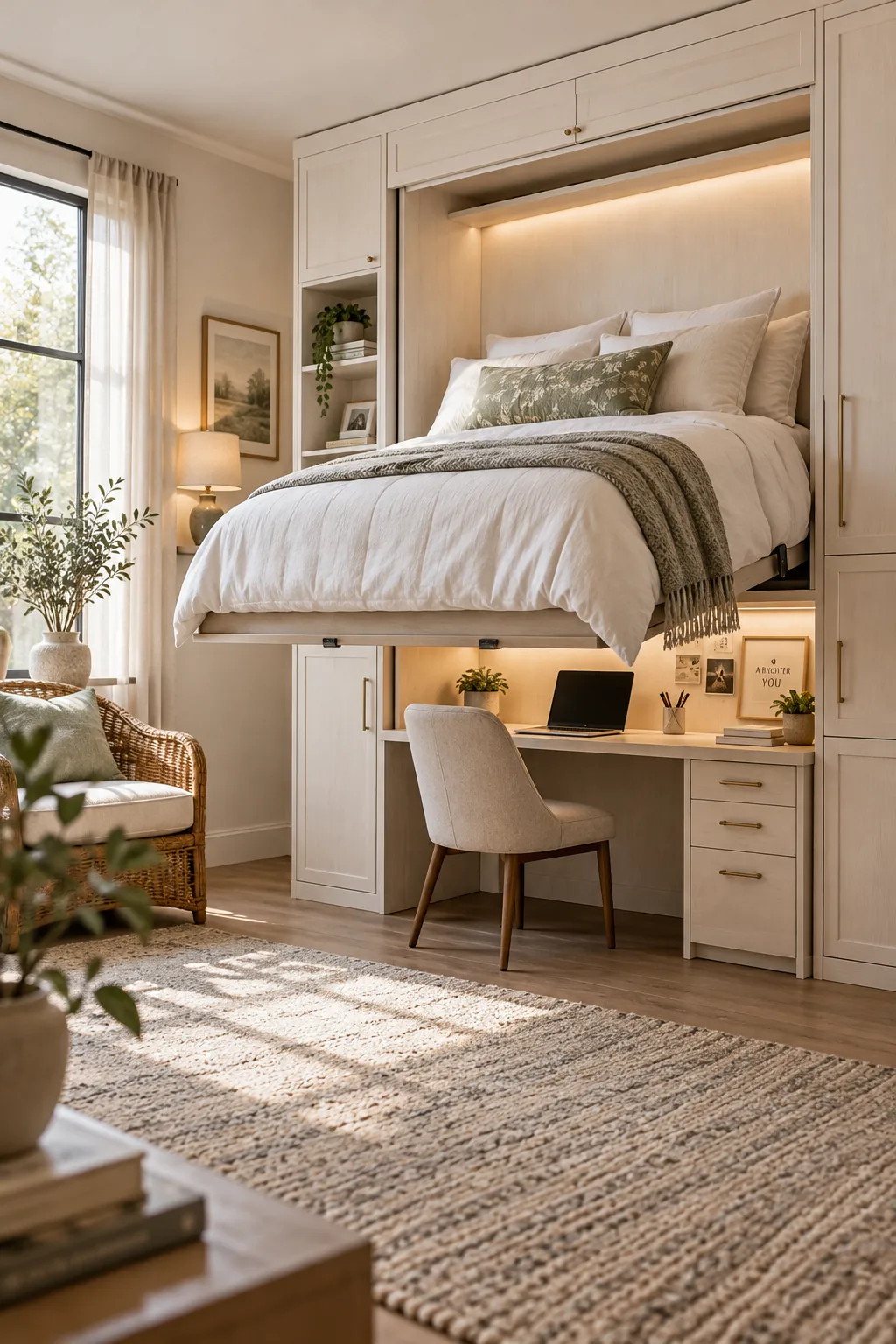 A modern home office with a large wooden desk that folds down to reveal a comfortable Murphy bed
