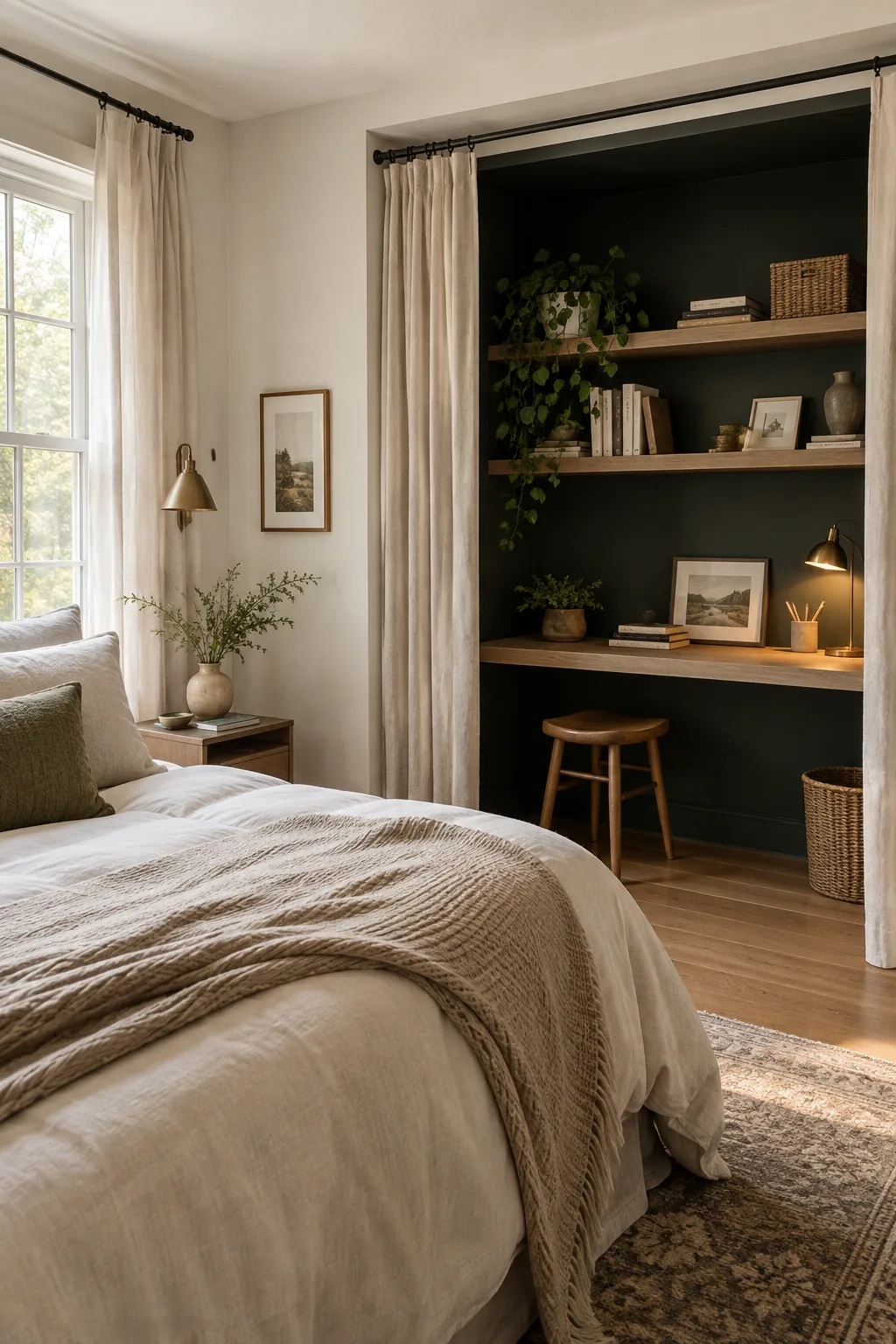 A bedroom closet converted into a small home office with a floating wood desk and dark painted walls