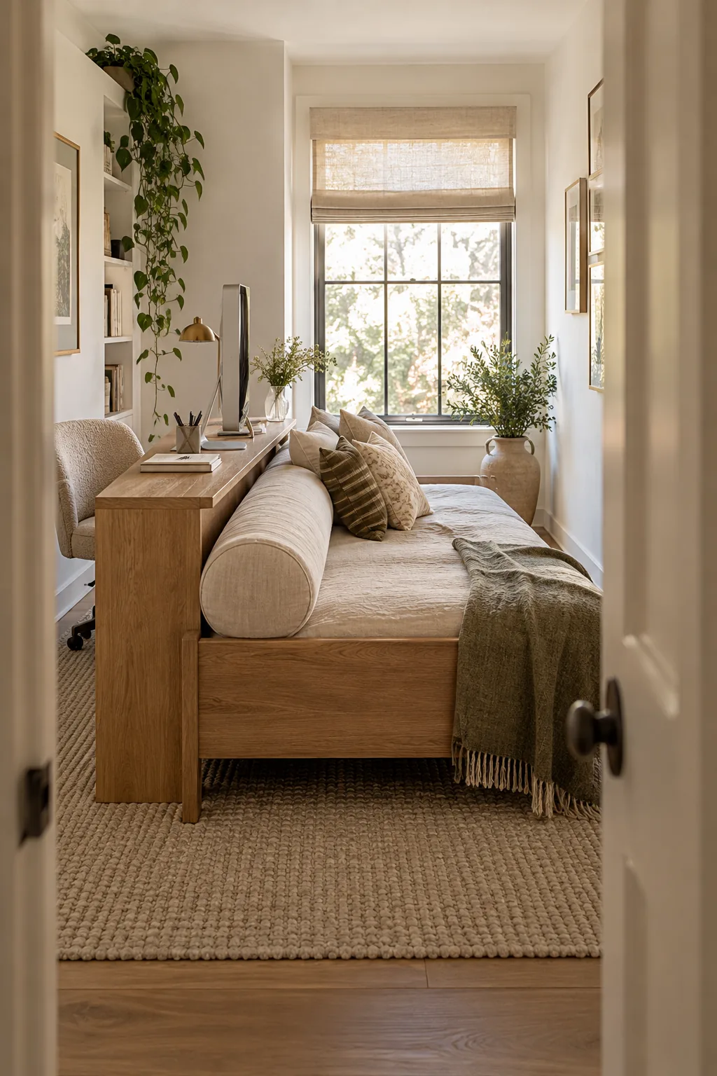 A narrow room featuring a daybed facing a window with a writing desk pushed against its back