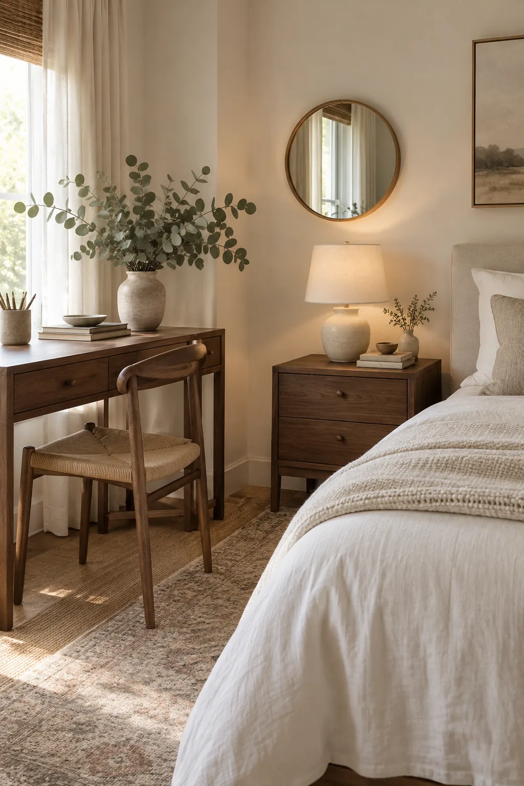 A guest bedroom with a warm oak writing desk that perfectly matches the wood tone of the bedside tables