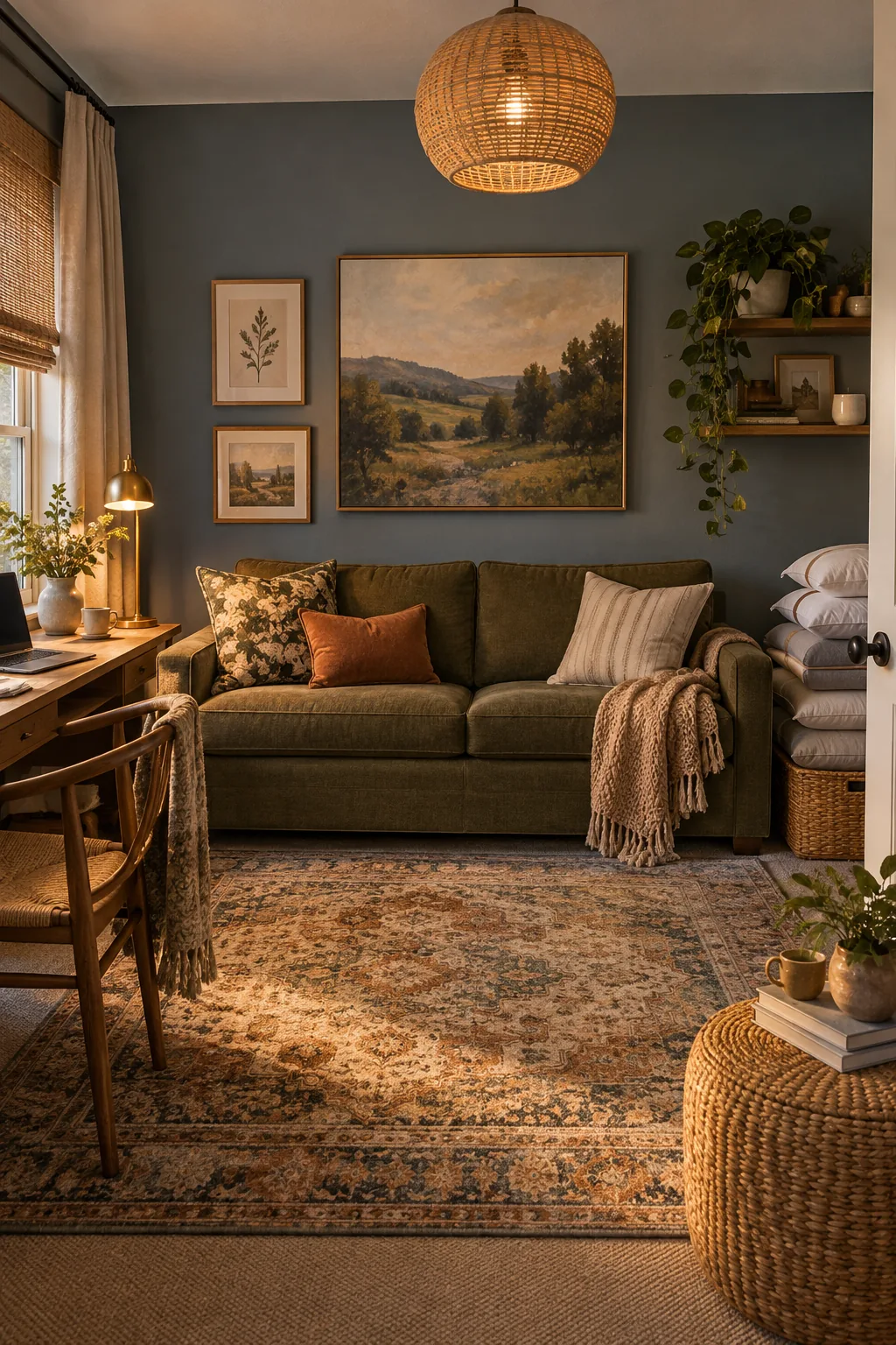 A bright home office featuring a modern desk and a stylish green velvet sleeper sofa