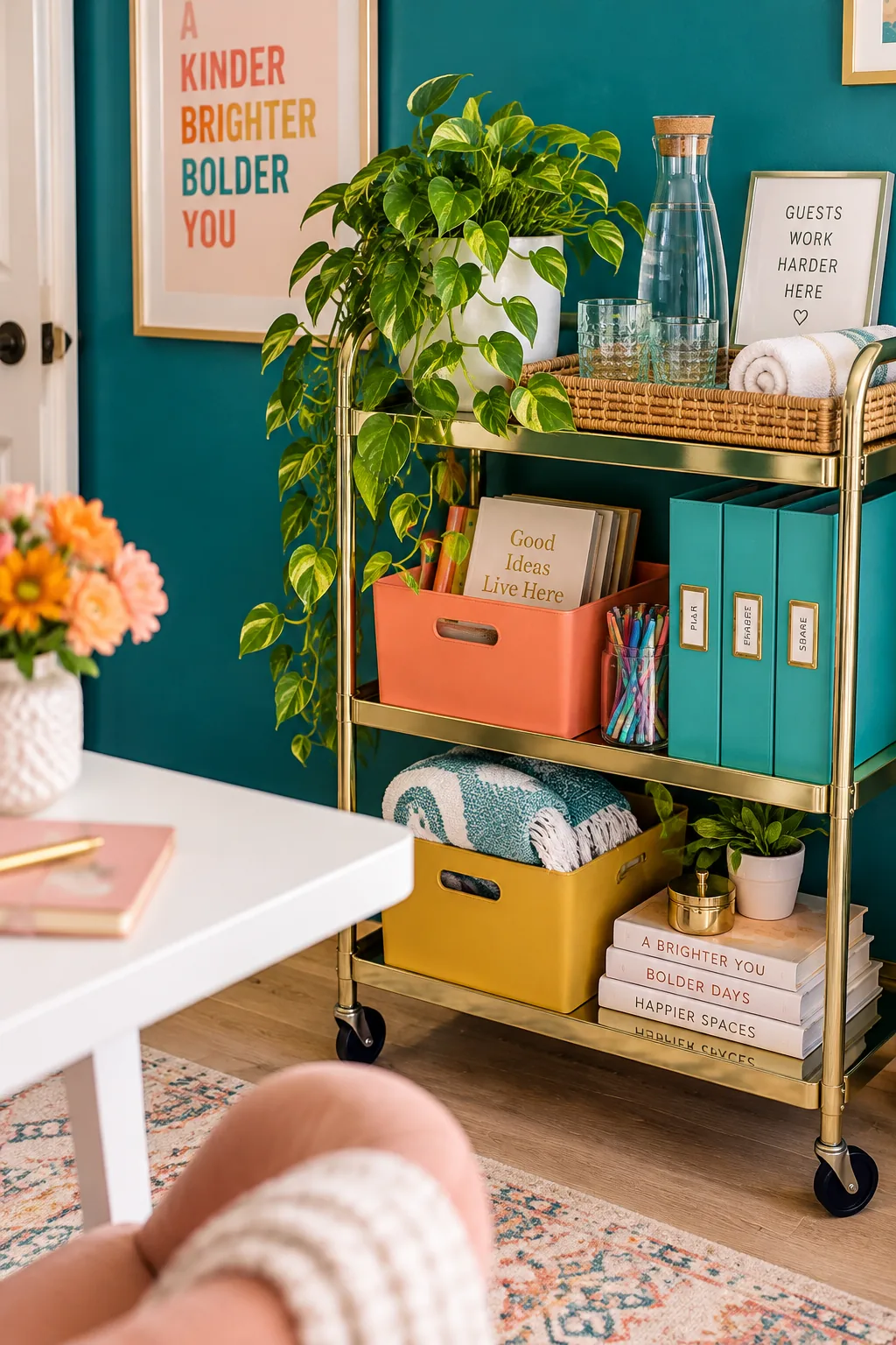 A white metal rolling cart filled with organized office supplies sitting next to a minimalist desk