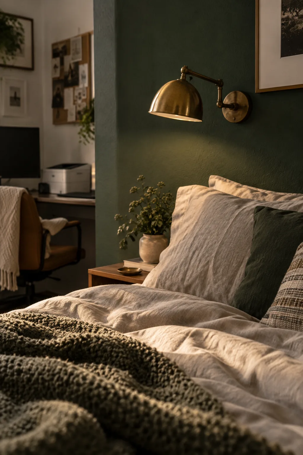 A guest room with a dark green accent wall behind a bed, drawing attention away from a white desk nearby
