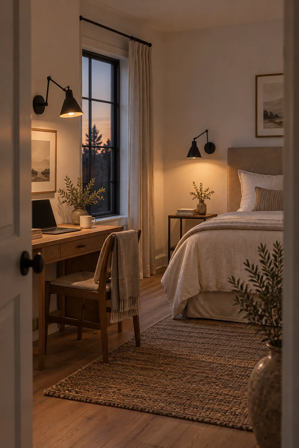Brass swing-arm wall sconces mounted above a bedside table and an adjacent writing desk