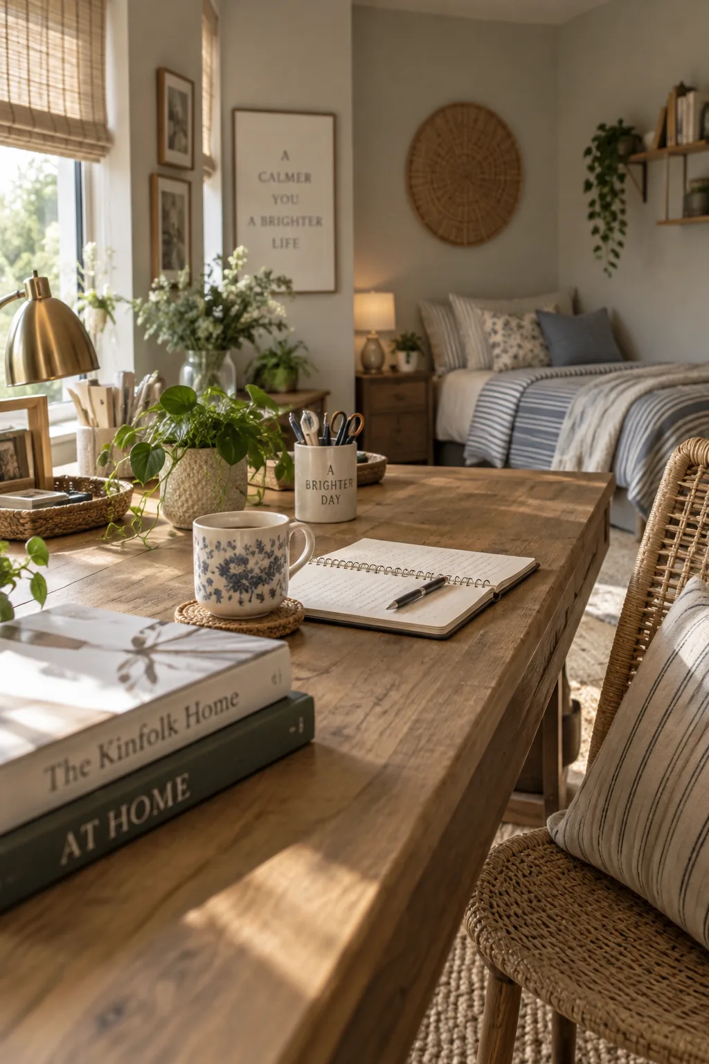 A spacious home office with a large central desk and a small, cozy twin bed tucked into a corner