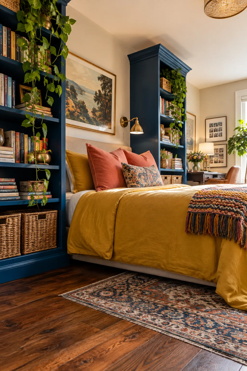 A guest bed centered between two tall bookcases filled with books, plants, and storage baskets on the bottom