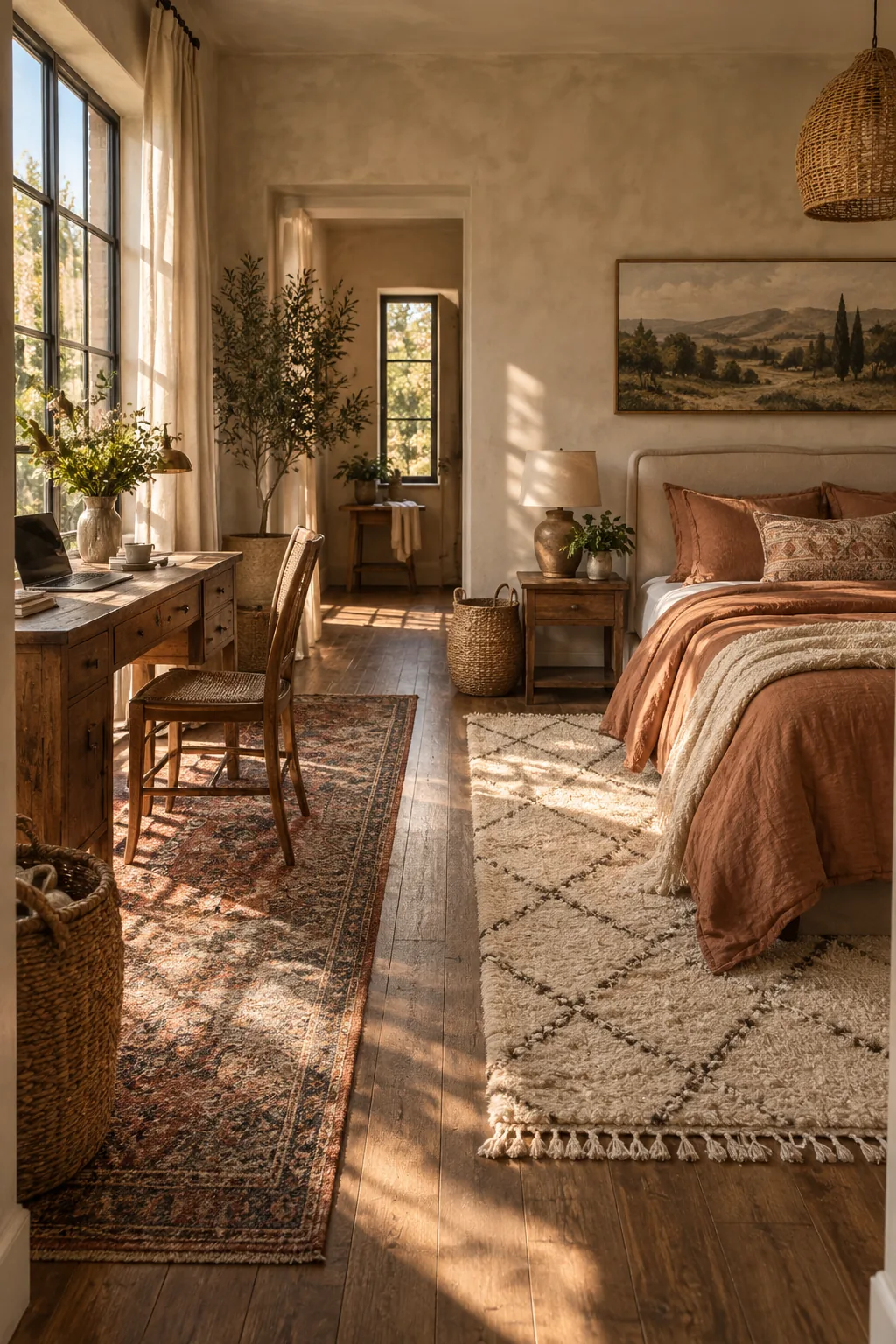 A room with a vintage runner rug under a desk and a fluffy white rug under a nearby bed