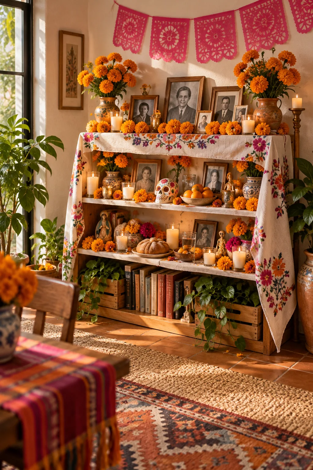 A minimalist two-tier ofrenda on a sleek wooden console table with sparse marigolds.