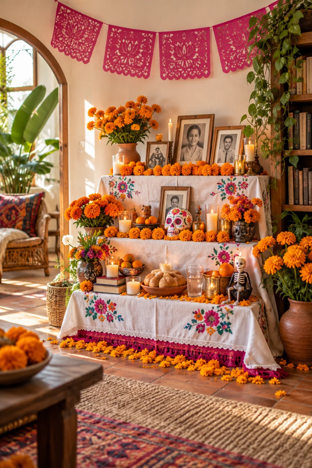 A colorful ofrenda on a dining room sideboard packed with bright flowers and painted skulls.