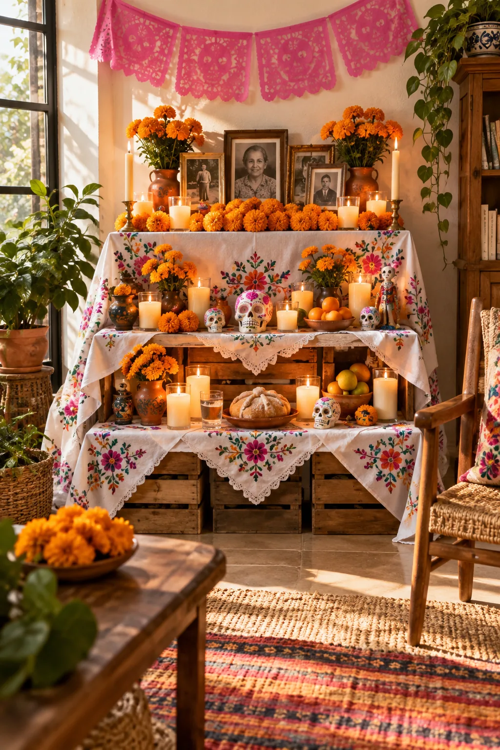 A rustic ofrenda set up on a covered patio with terracotta pots and natural wood.