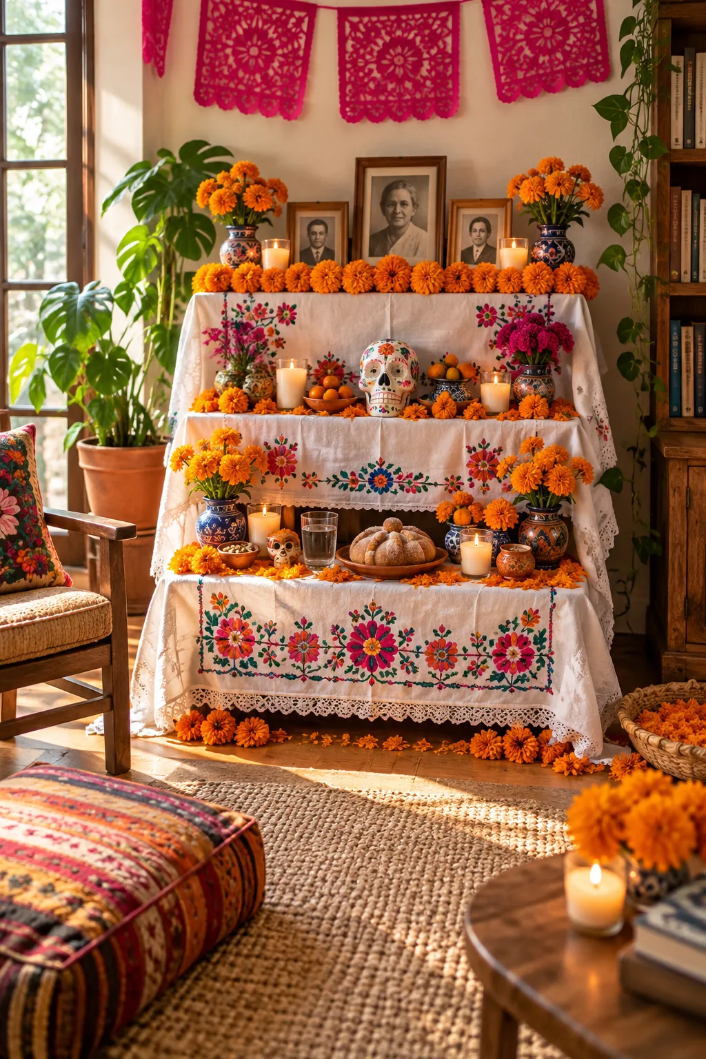 A compact ofrenda arranged on three floating wall shelves with small brass frames.