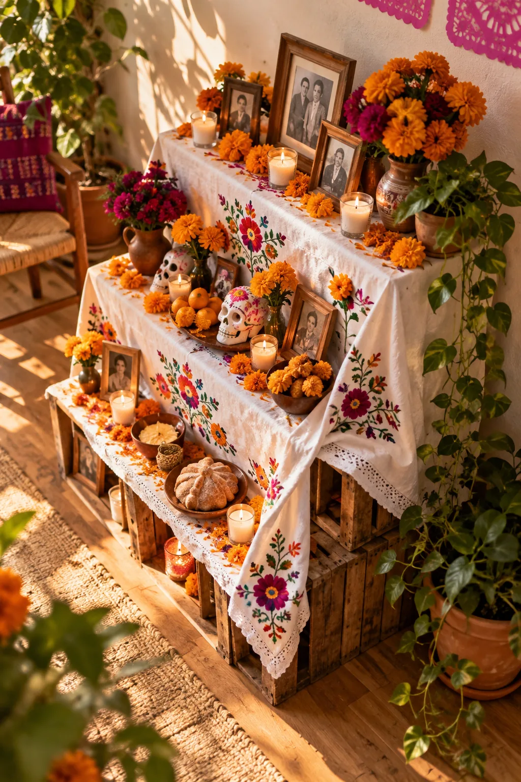 The bottom corner of an ofrenda where the white embroidered cloth is lifted to reveal stacked wooden crates underneath.