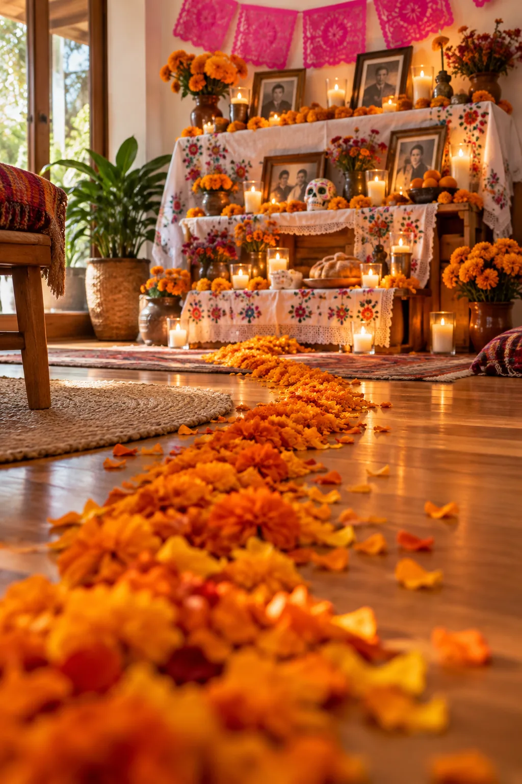 A trail of bright orange marigold petals scattered across a wooden floor leading to an altar.
