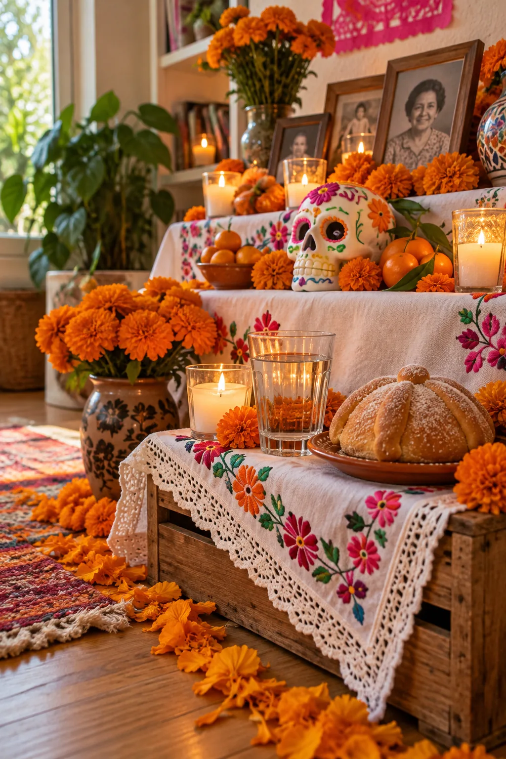 A clear glass of water and a sugar-dusted pan de muerto on the lowest tier of an altar.