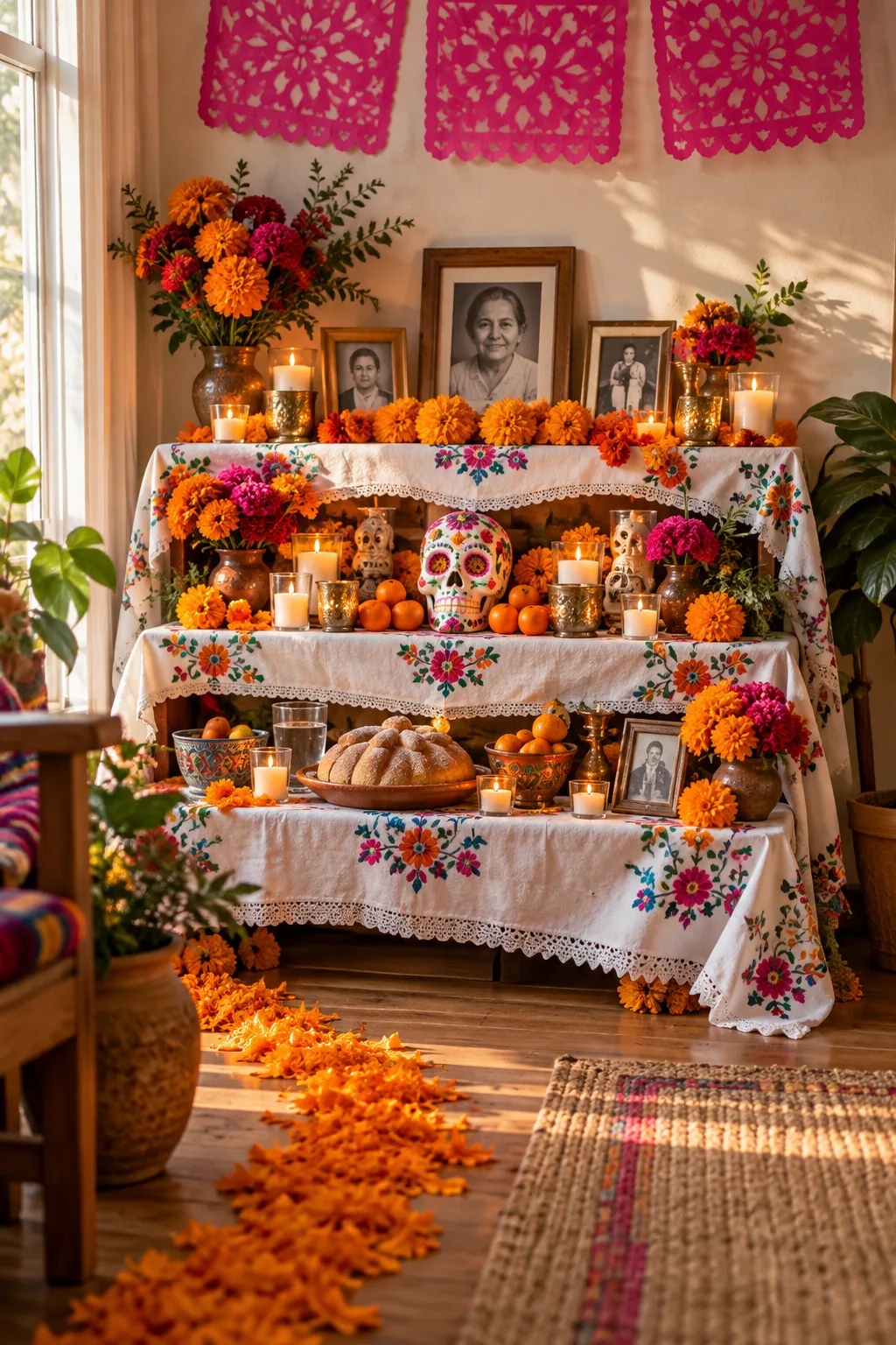 A white sugar skull with 'Abuela' written in pink icing, surrounded by oranges and candles.