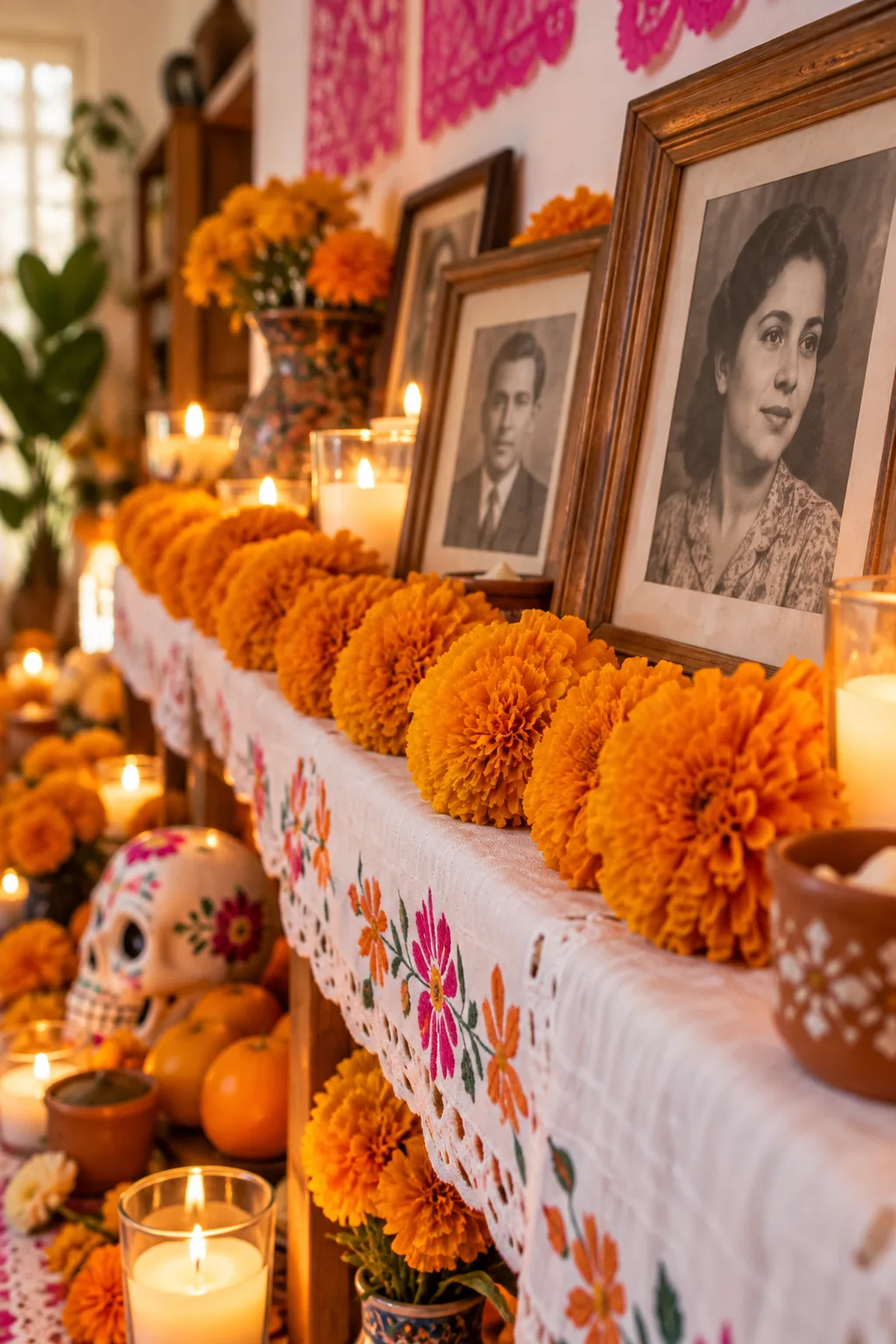 A thick garland of strung marigold flowers draped along the edge of an altar tier.