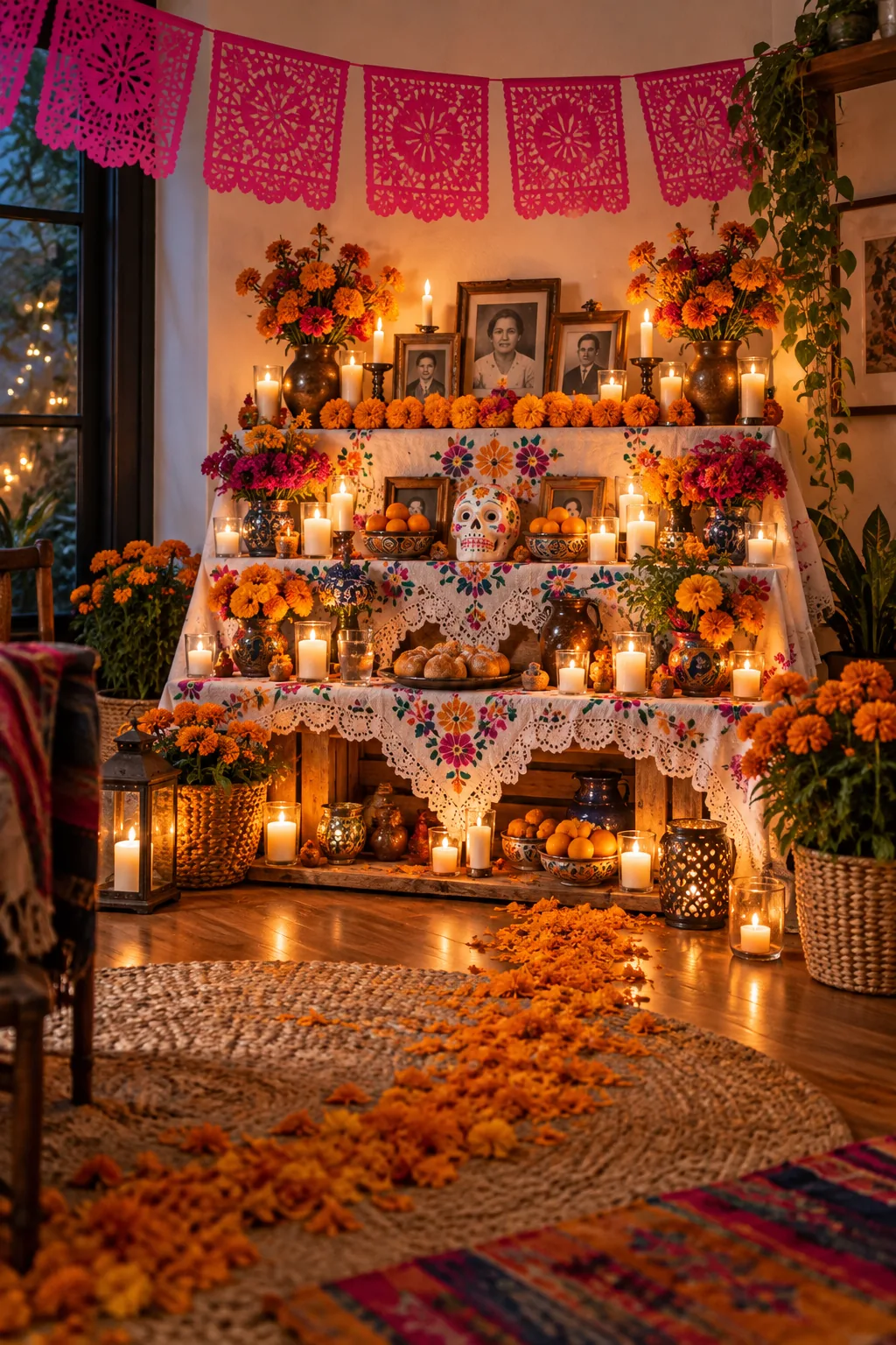 A fully lit three-tier ofrenda glowing with candles in a darkened room.