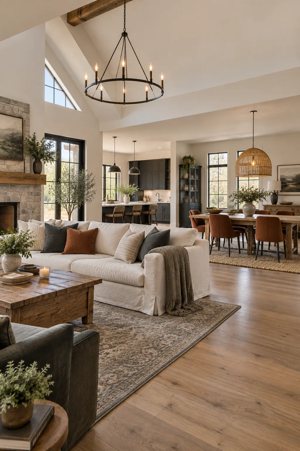A modern farmhouse open floor plan with charcoal accents and a vaulted ceiling.