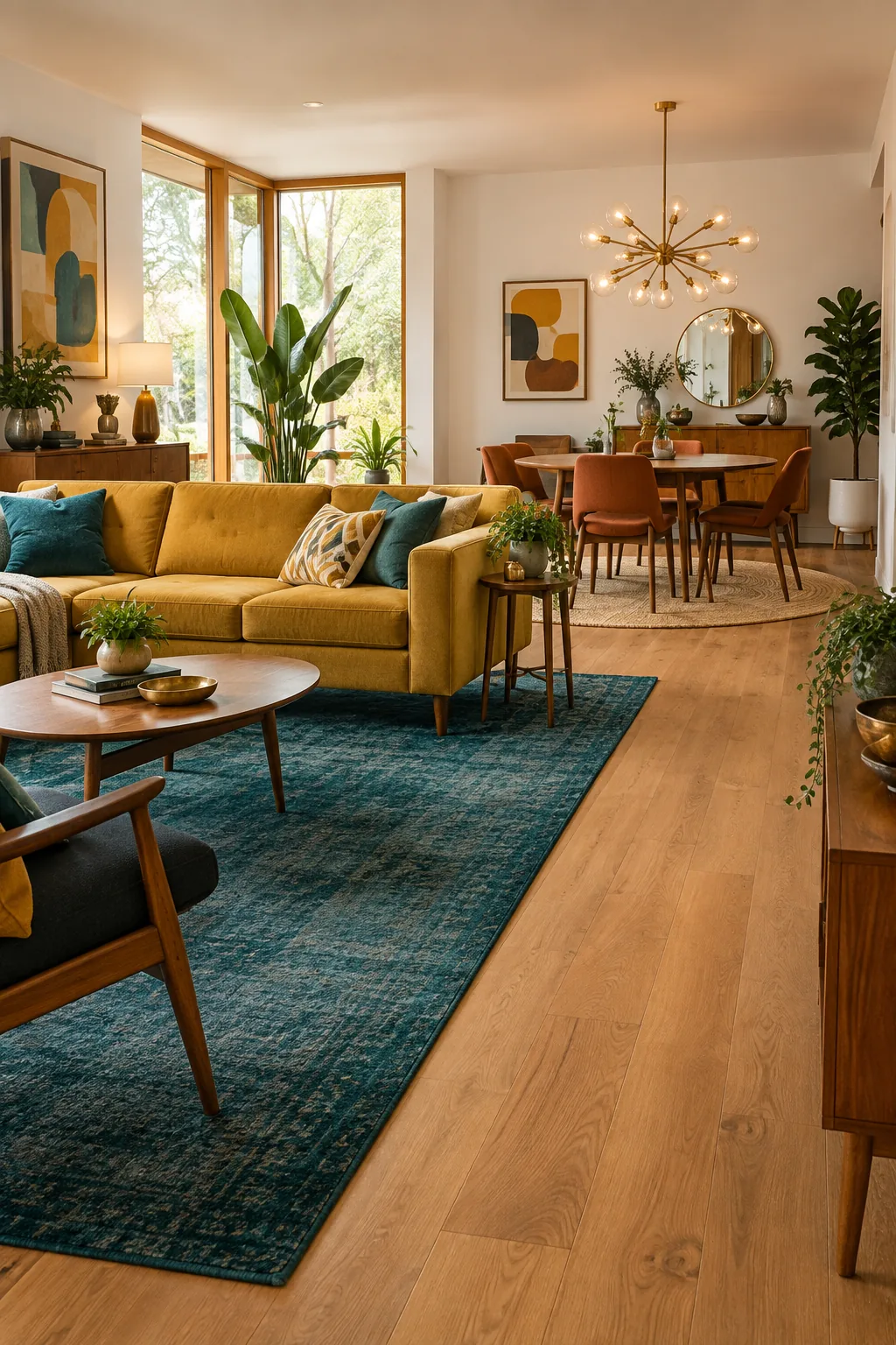 A mid-century modern open concept space with teak furniture and mustard accents.