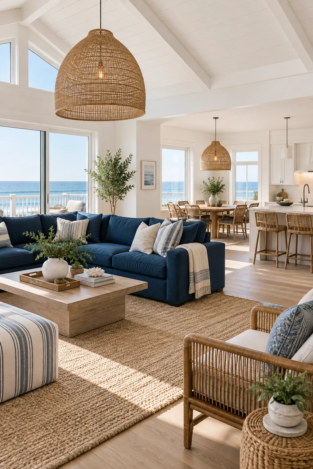 A coastal transitional open plan living area with navy upholstery and rattan pendants.