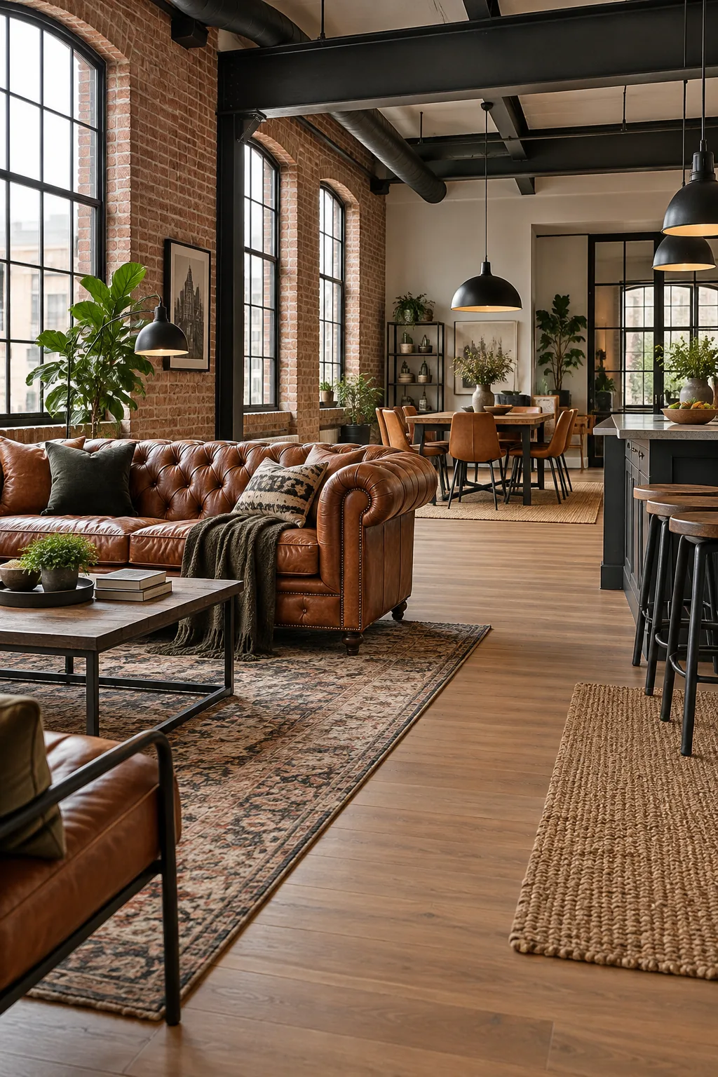 An industrial loft open floor plan with exposed brick and a leather sofa.
