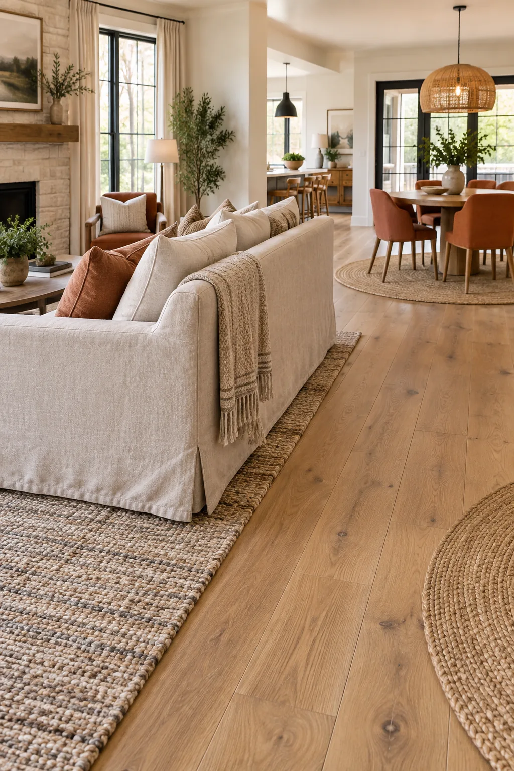 A clear strip of bare oak flooring acting as a walkway between a living room rug and a dining room rug.