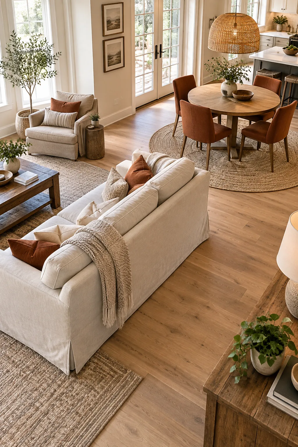 A linen sofa floating in the middle of a room, with its back facing a dining area.