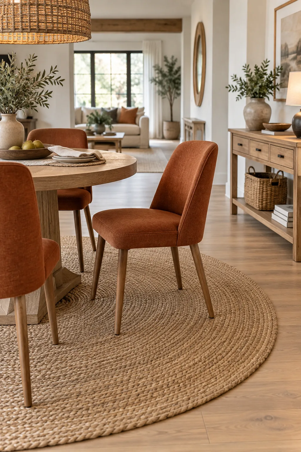 A pulled-out dining chair with all four legs resting comfortably on a large jute rug.
