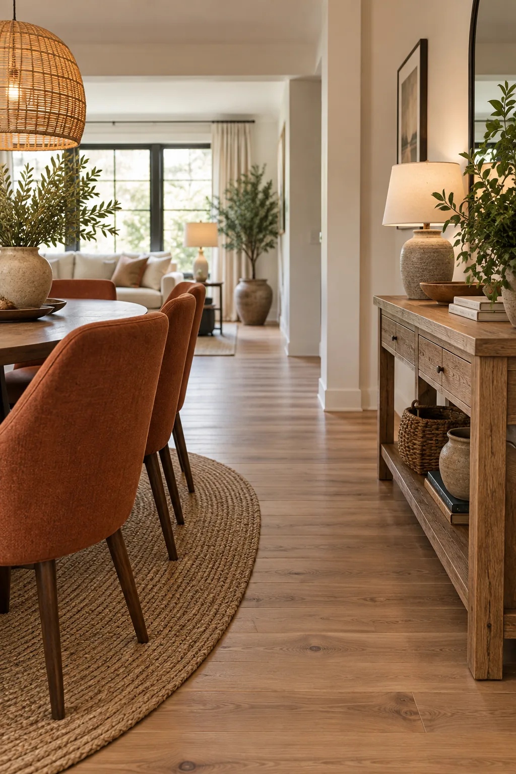 A clear, wide walking path between the back of dining chairs and a wooden console table.