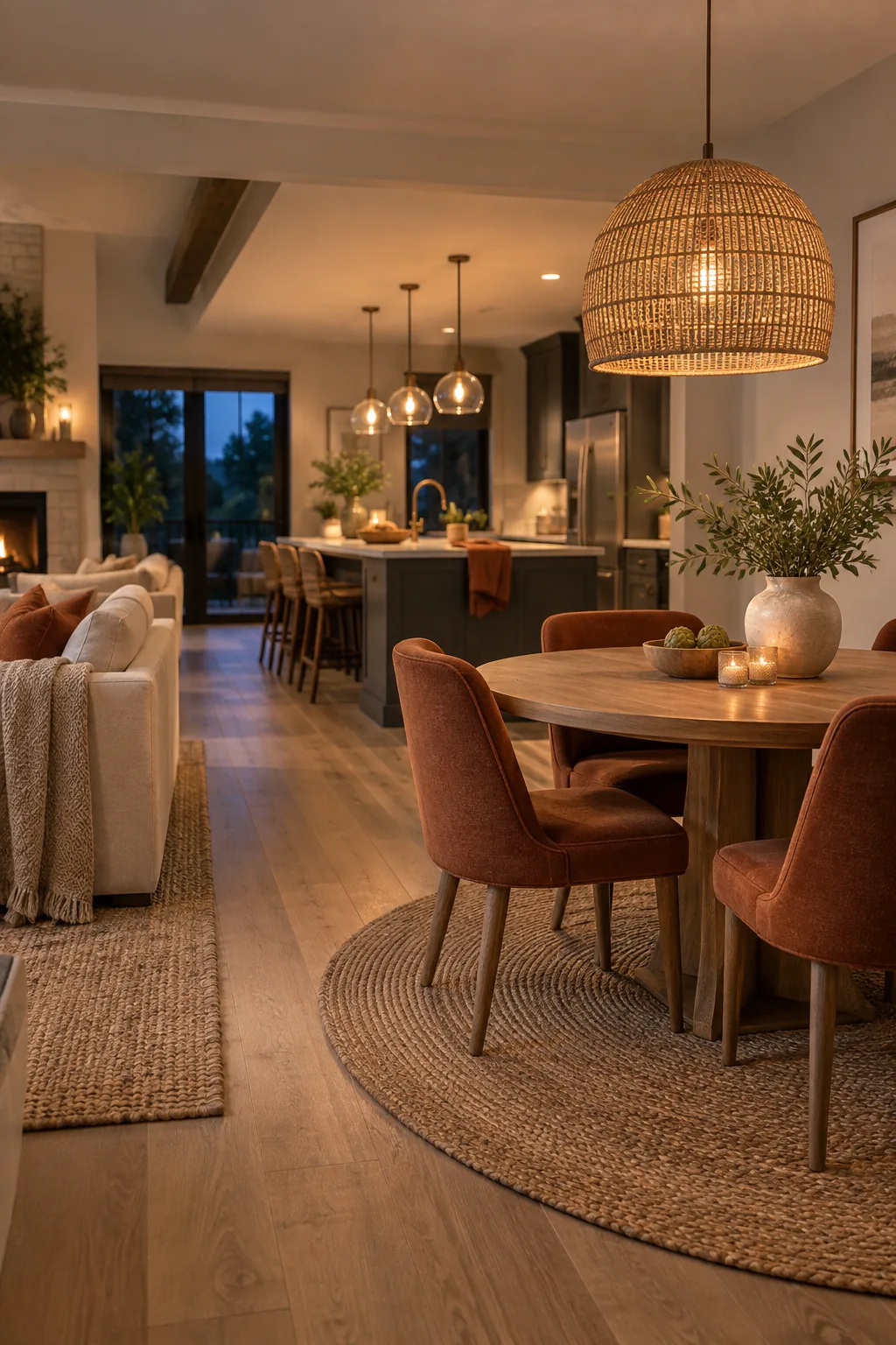 A woven pendant light glowing warmly over a dining table, with kitchen island lights visible behind it.