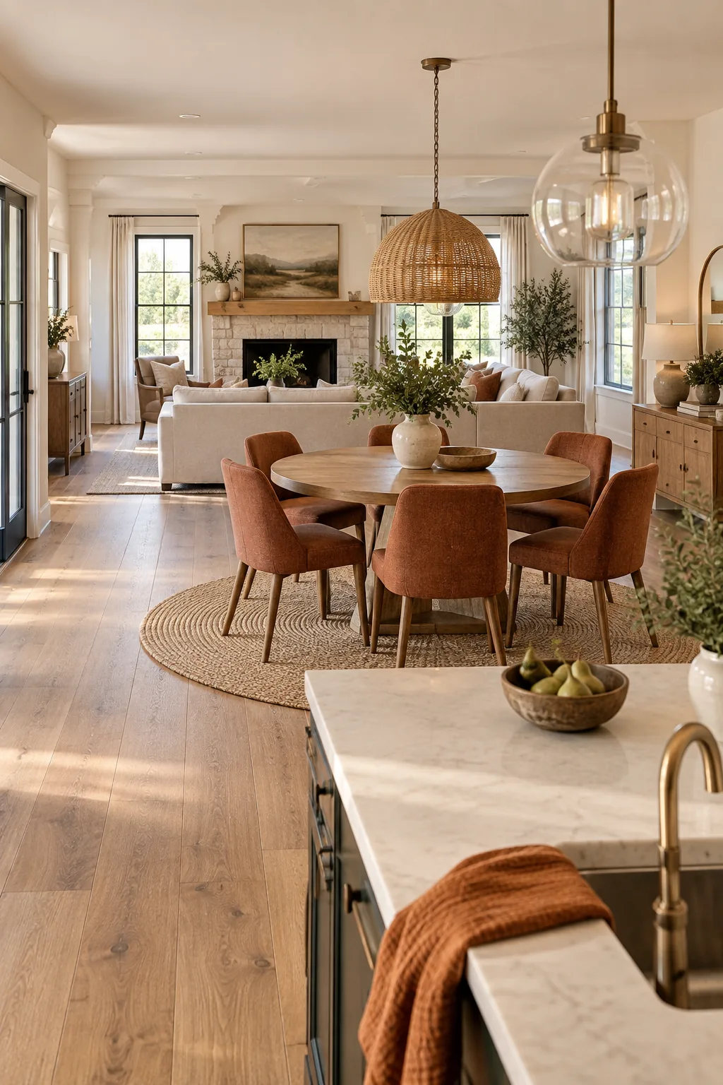 A view across an open plan space showing a rust cushion, rust dining chairs, and a rust kitchen towel.