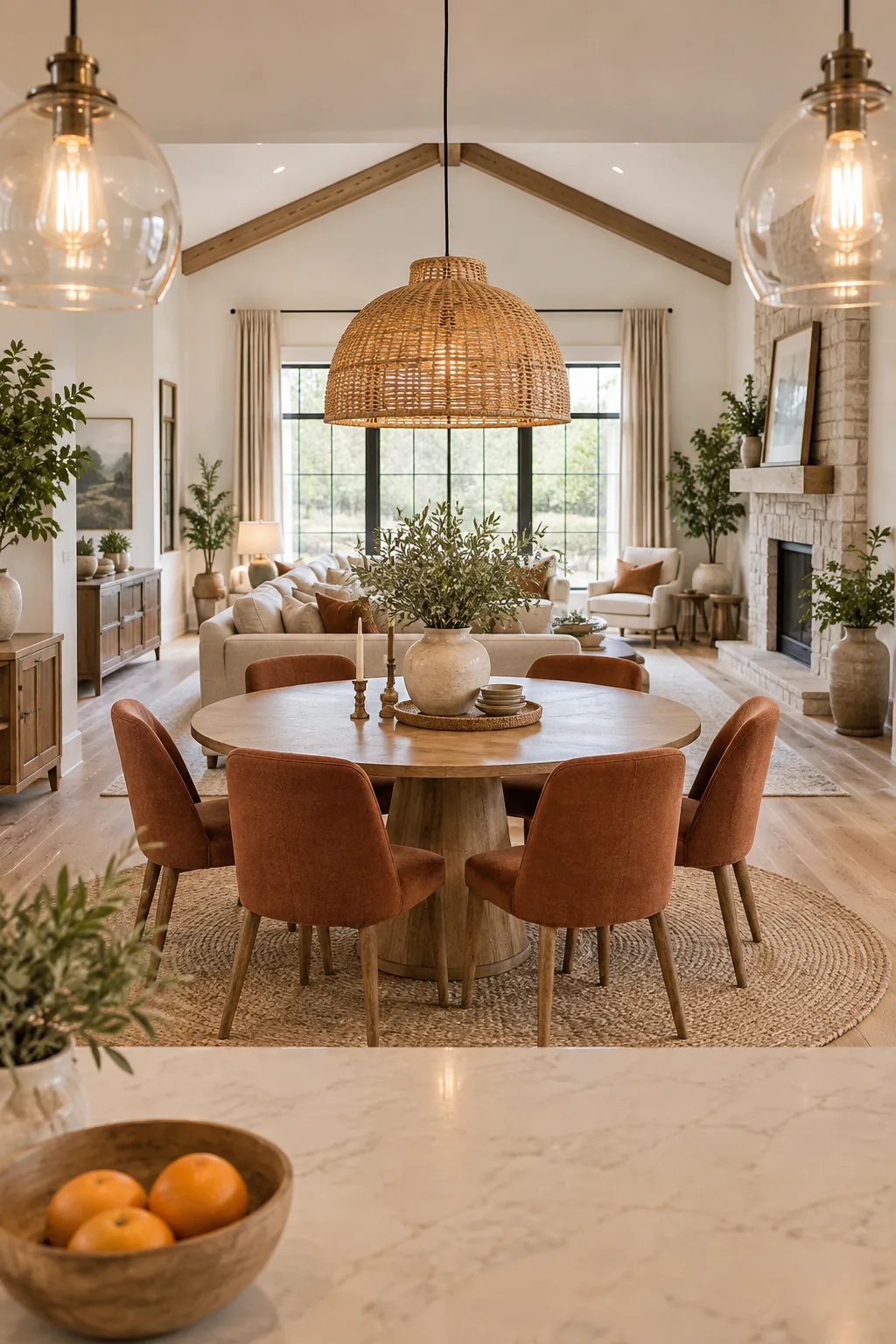 A perfectly balanced open floor plan viewed from the kitchen, looking toward the dining and living areas.