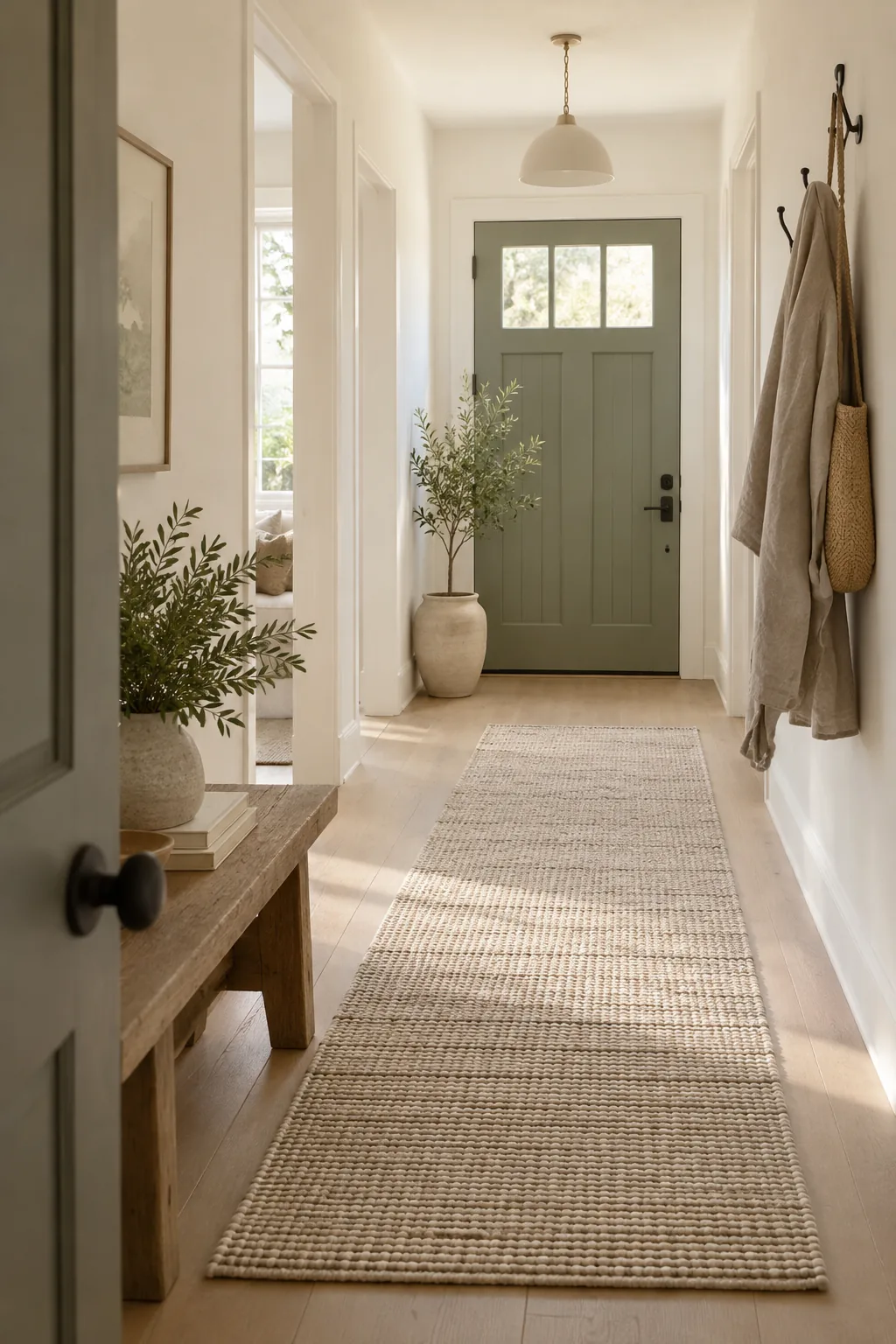 A bright entryway with a neutral textured runner rug on a hardwood floor